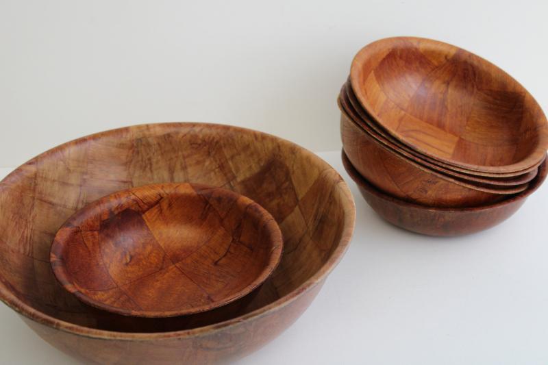 photo of vintage weavewood salad bowls set, woven wood bowls mid-century mod #2