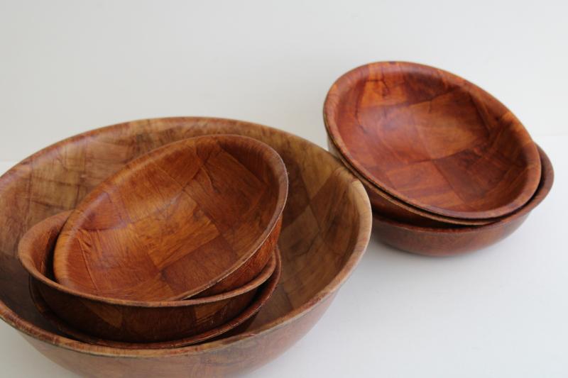 photo of vintage weavewood salad bowls set, woven wood bowls mid-century mod #4