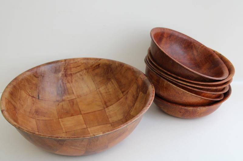 photo of vintage weavewood salad bowls set, woven wood bowls mid-century mod #5