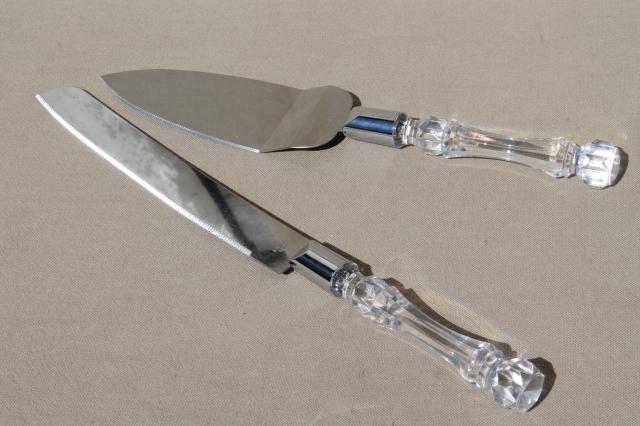 photo of vintage wedding cake server & knife set w/ sparkling faux crystal plastic handles #2