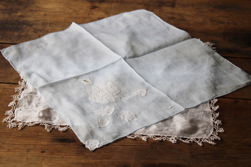 photo of vintage wedding hankies, something blue handkerchief w/ applique, white hanky w/ tatted lace #3
