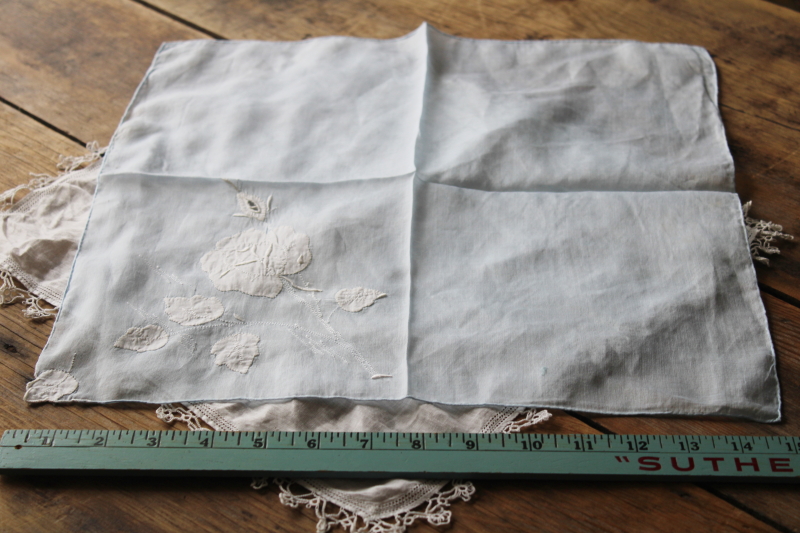 photo of vintage wedding hankies, something blue handkerchief w/ applique, white hanky w/ tatted lace #4