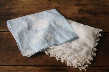 catalog photo of vintage wedding hankies, something blue handkerchief w/ applique, white hanky w/ tatted lace