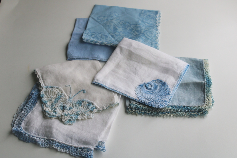 photo of vintage wedding hankies, worn old blue & white handkerchiefs beaded lace, crochet edgings  #1