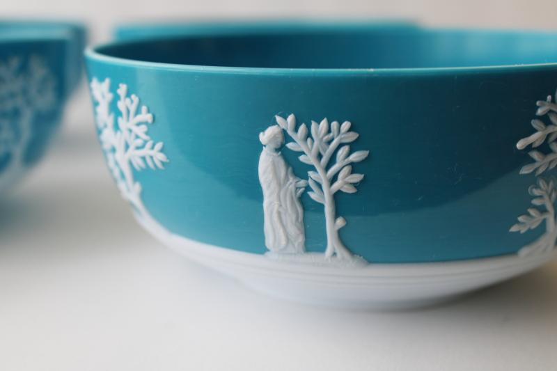 photo of vintage wedgwood blue plastic bowls, cameo relief 'jasperware', old margarine tubs? #3