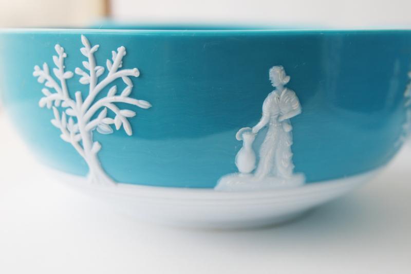 photo of vintage wedgwood blue plastic bowls, cameo relief 'jasperware', old margarine tubs? #4