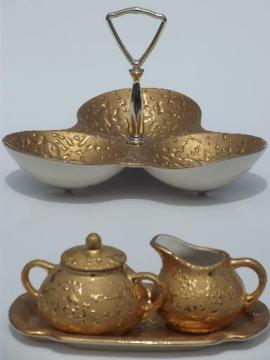 catalog photo of vintage weeping bright gold encrusted china candy dish, cream & sugar set