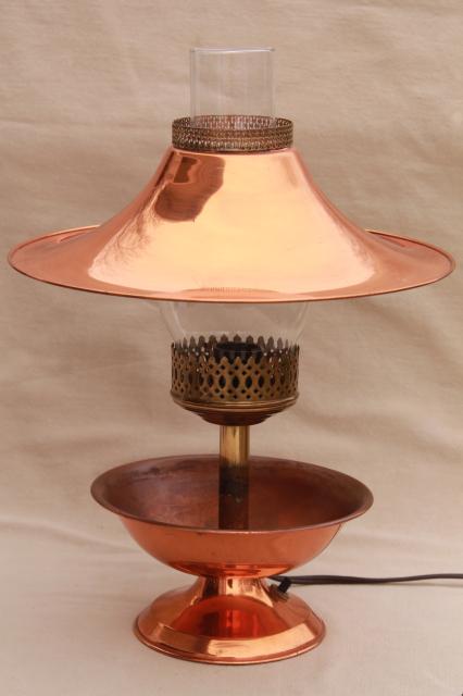 photo of vintage western style copper lamp w/ metal shade & glass chimney for mid-century ranch or rustic cabin #1