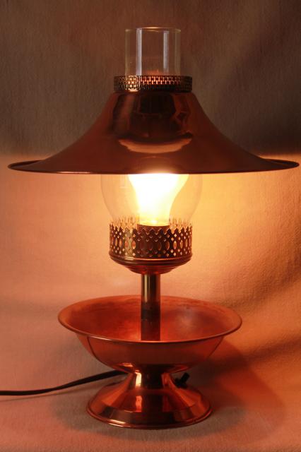 photo of vintage western style copper lamp w/ metal shade & glass chimney for mid-century ranch or rustic cabin #3