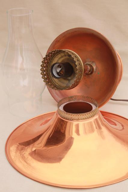 photo of vintage western style copper lamp w/ metal shade & glass chimney for mid-century ranch or rustic cabin #10