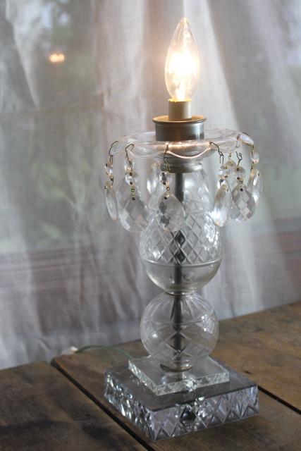 photo of vintage wheel cut crystal lamp w/ teardrop prisms, electric candle bulb hurricane lamp #1