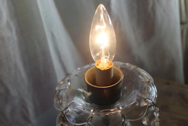 photo of vintage wheel cut crystal lamp w/ teardrop prisms, electric candle bulb hurricane lamp #2