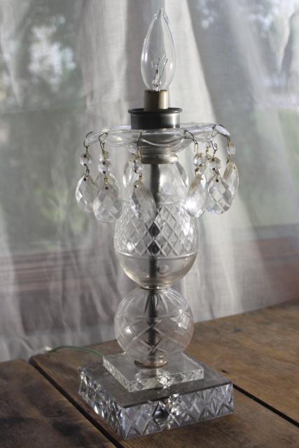 photo of vintage wheel cut crystal lamp w/ teardrop prisms, electric candle bulb hurricane lamp #4