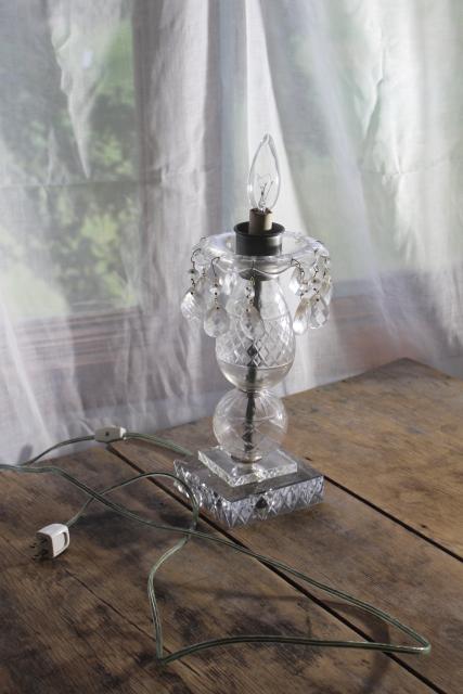 photo of vintage wheel cut crystal lamp w/ teardrop prisms, electric candle bulb hurricane lamp #6