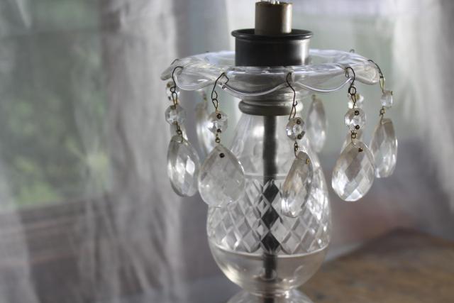 photo of vintage wheel cut crystal lamp w/ teardrop prisms, electric candle bulb hurricane lamp #7