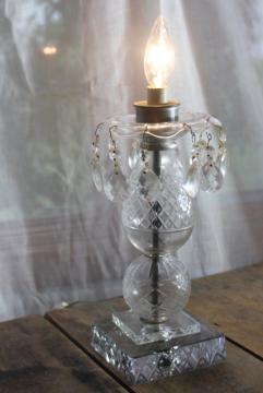 vintage wheel cut crystal lamp w/ teardrop prisms, electric candle bulb hurricane lamp