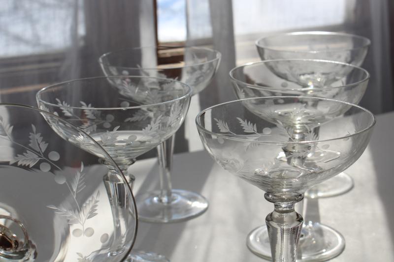 photo of vintage wheel cut etched glass champagne glasses, Electra Arcadia fern & berry pattern #1