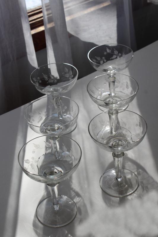 photo of vintage wheel cut etched glass champagne glasses, Electra Arcadia fern & berry pattern #2