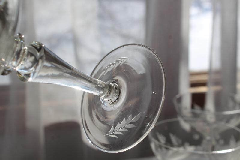 photo of vintage wheel cut etched glass champagne glasses, Electra Arcadia fern & berry pattern #3