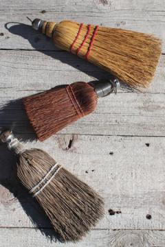 catalog photo of vintage whisk broom collection, primitive old natural broom straw brooms