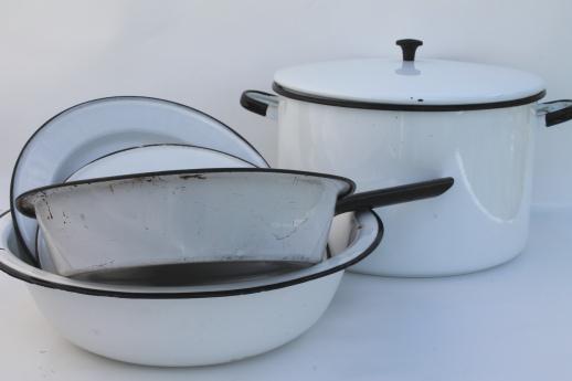 photo of vintage white & black enamelware, enamel pots & pans, stockpot, kitchenware lot #1