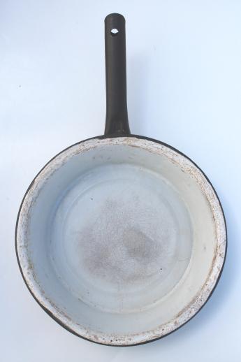 photo of vintage white & black enamelware, enamel pots & pans, stockpot, kitchenware lot #2