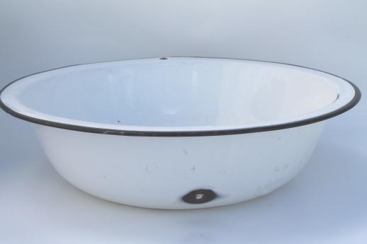 photo of vintage white & black enamelware, enamel pots & pans, stockpot, kitchenware lot #4