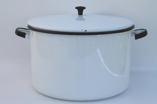 photo of vintage white & black enamelware, enamel pots & pans, stockpot, kitchenware lot #7