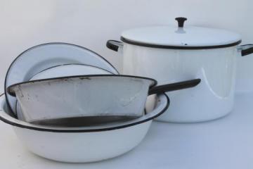 catalog photo of vintage white & black enamelware, enamel pots & pans, stockpot, kitchenware lot