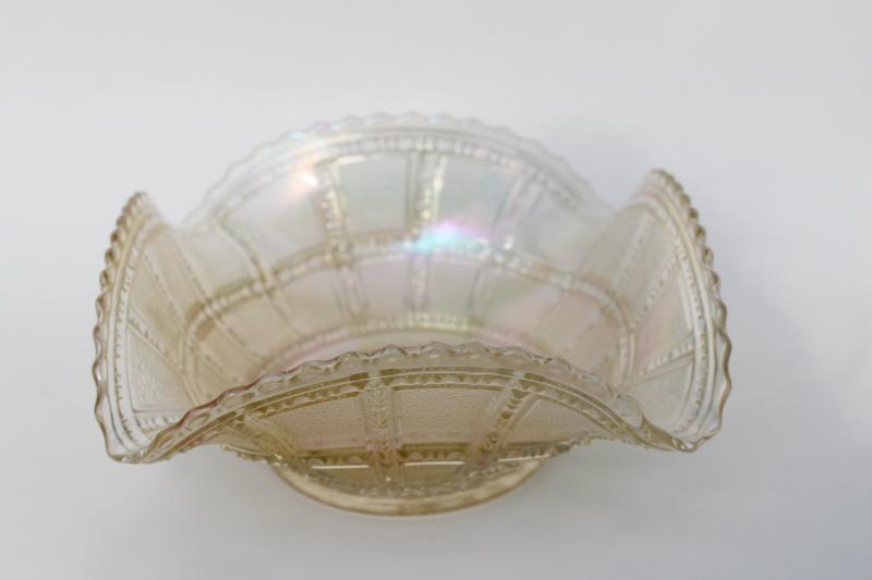 photo of vintage white carnival glass iridescent luster bowl, Imperial beaded block pattern #1