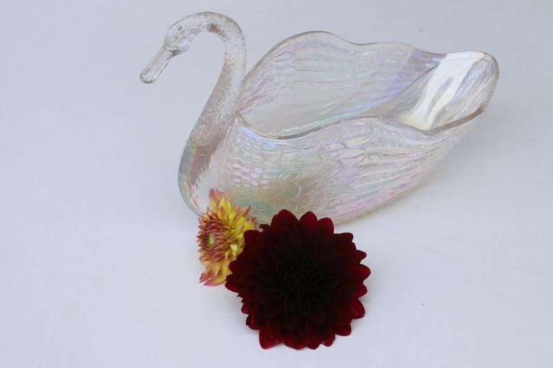 photo of vintage white carnival glass pressed glass swan bowl w/ rosy iridescent luster #1