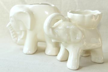 catalog photo of vintage white ceramic elephants, mid-century mod pottery planter pots