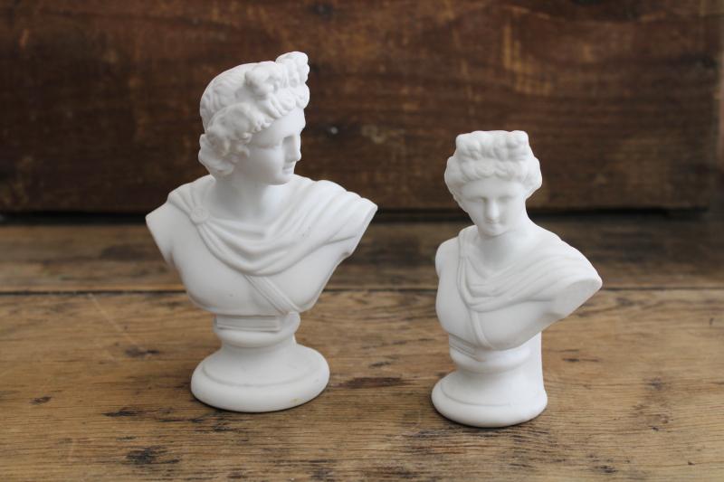 photo of vintage white china bisque busts Apollo, classical style figurines, small statuary #1