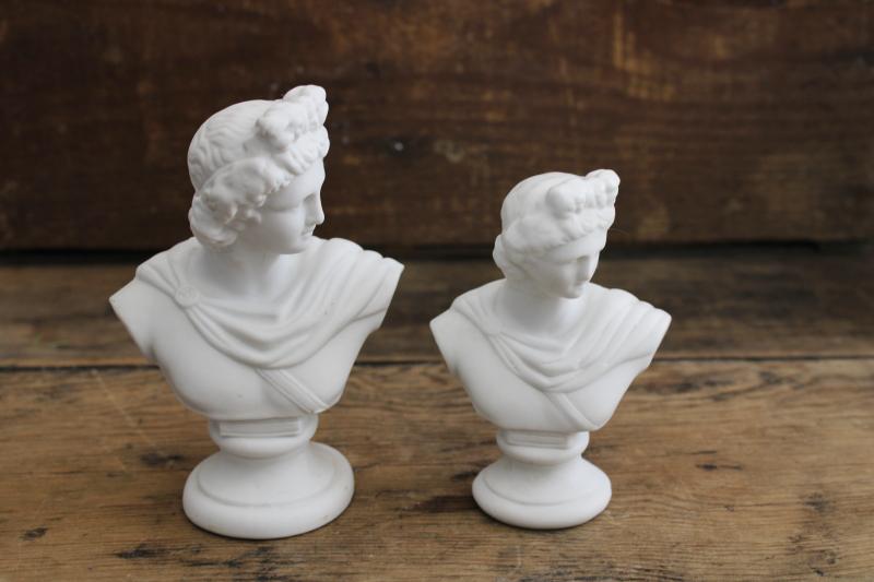 photo of vintage white china bisque busts Apollo, classical style figurines, small statuary #3