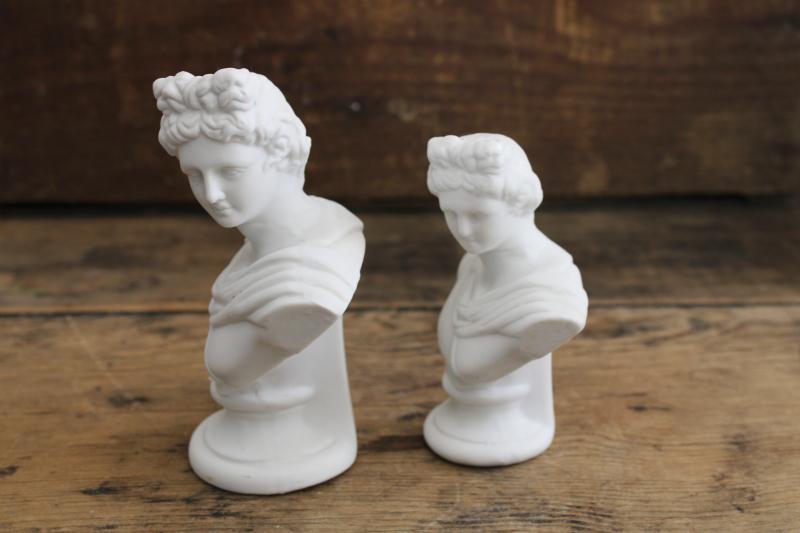 photo of vintage white china bisque busts Apollo, classical style figurines, small statuary #4