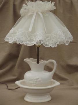 catalog photo of vintage white china wash set lamp, country cottage chic boudoir lamp w/ lace shade