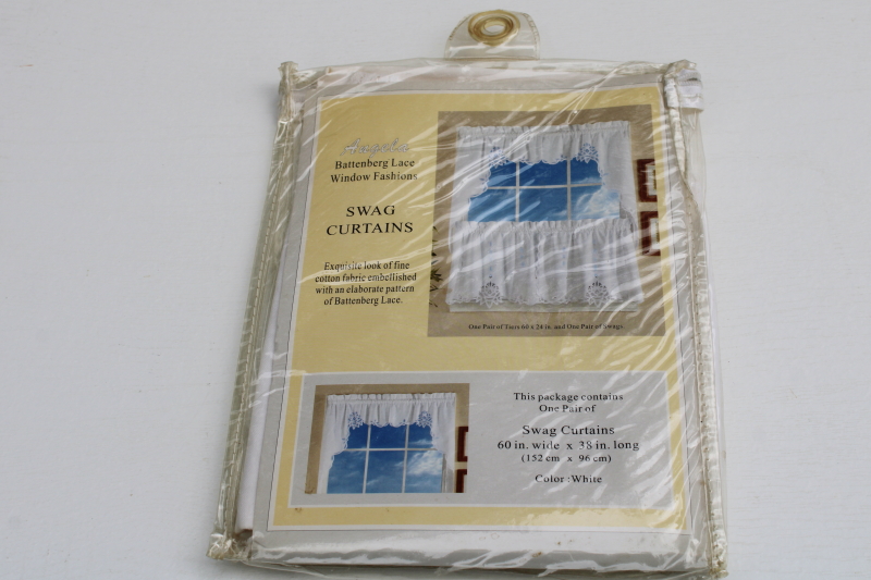 photo of vintage white cotton battenberg lace swag valance curtain panels 80s grandma cottagecore #1