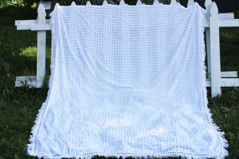 photo of vintage white cotton chenille twin bedspread or upcycle fabric, popcorn ball tufting #1