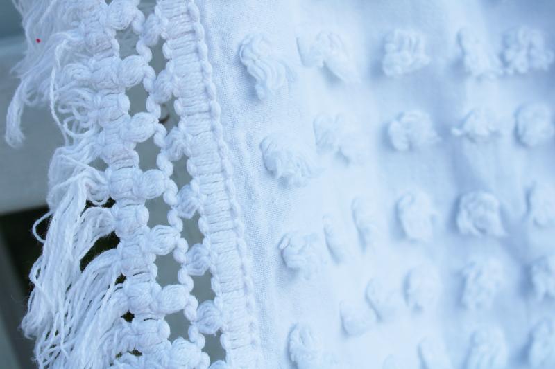 photo of vintage white cotton chenille twin bedspread or upcycle fabric, popcorn ball tufting #3