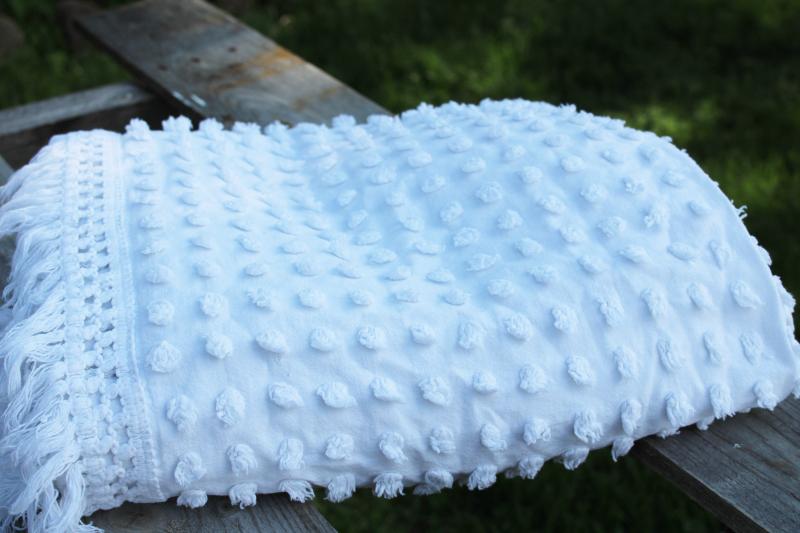 photo of vintage white cotton chenille twin bedspread or upcycle fabric, popcorn ball tufting #6