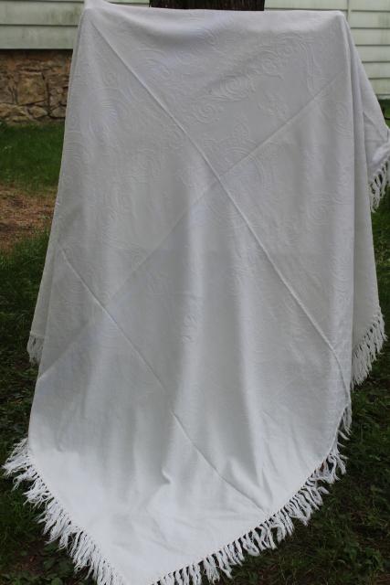 photo of vintage white cotton matelasse texture shawl fringe throw or table cover cloth #1