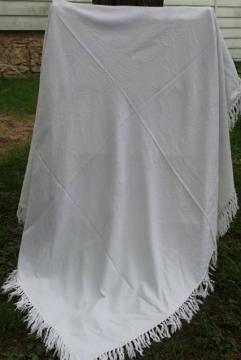 catalog photo of vintage white cotton matelasse texture shawl fringe throw or table cover cloth