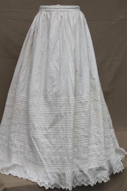 photo of vintage white cotton petticoat w/ hoops, hoop skirt slip w/ rows of tucks & eyelet lace #1