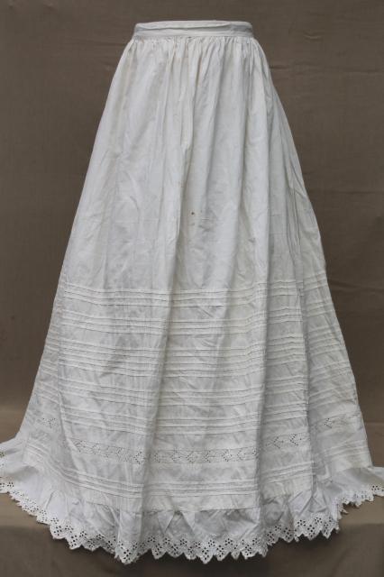 photo of vintage white cotton petticoat w/ hoops, hoop skirt slip w/ rows of tucks & eyelet lace #7