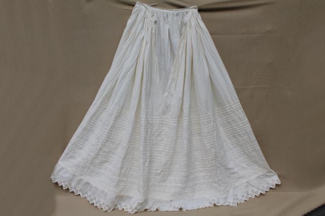 photo of vintage white cotton petticoat w/ hoops, hoop skirt slip w/ rows of tucks & eyelet lace #10