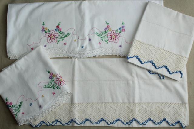 photo of vintage white cotton pillowcases w/ crochet lace & embroidered flowers #1