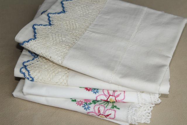 photo of vintage white cotton pillowcases w/ crochet lace & embroidered flowers #2