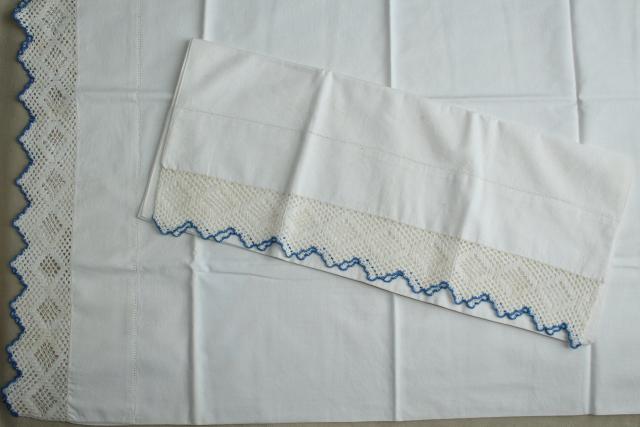 photo of vintage white cotton pillowcases w/ crochet lace & embroidered flowers #3