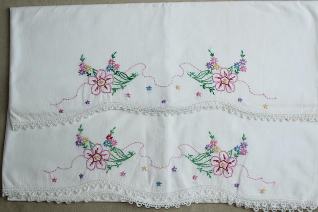 photo of vintage white cotton pillowcases w/ crochet lace & embroidered flowers #6