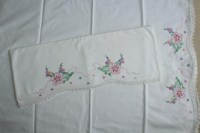 photo of vintage white cotton pillowcases w/ crochet lace & embroidered flowers #7